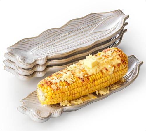 YHOJOY Corn on the Cob Dishes Set of 4 10 Inch Ceramic Corn Cob Holders Plates Embossed Corn Cob Trays for Summer BBQ Wedding Fathers Day Microwave Dishwasher Safe Cream White