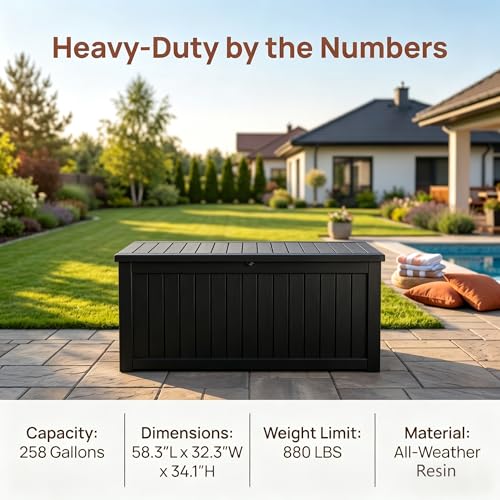 Image of Large 258 Gallon Resin Deck Box, Heavy Duty Lockable Patio Storage Box Outdoor, Waterproof Tool Box for Garden Furniture Cushions & Pool Supplies, Wood Grain Outdoor Storage Bench for Backyard