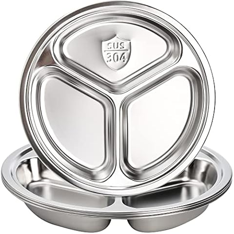 Hacaroa 4 Pack Stainless Steel Round Divided Plates, 9.5 Inch Dinner Snack Plates with 3 Compartment, Divided Tray Food Serving Platter for Kids, Adults, Camping, Lunch and Dinner Cover