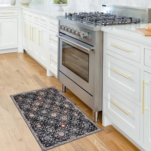 KILOCOCO 2x3 Small Area Rug, Moroccan Super Soft Entryway Rugs Indoor Vintage Washable Rug Non-Slip Indoor Door Mat, Accent Print Faux Wool Throw Rug for Kitchen Bedroom Entrance, Charcoal/Multi