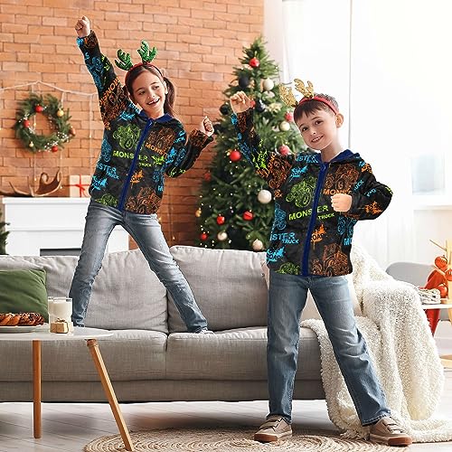 Image of Aflyko Boys' Fleece Monster Truck Car Neon Rock Zip-Up Hoodie Long Sleeve Outerwear Soft Coat Girls Hooded Jacket Kids Outwear Warm Comfy Sweatshirt 7-8T