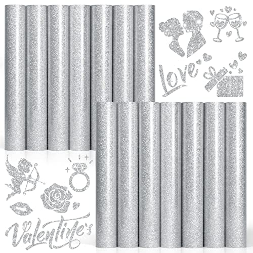 Silver Glitter Heat Transfer Vinyl HTV,14 Pack 12"x10" Iron On Vinyl for Cricut, Easter Decorations for Shirts Dress, 14 Sheets Silver Colors HTV Glitter Heat Press Vinyl