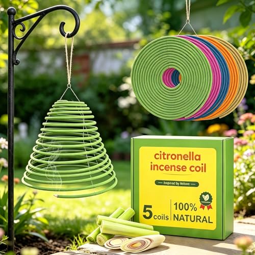 Spirales d'encens à la citronnelle, Lot de 5 Spirales d'encens suspendues pour l'extérieur, Combustion de 240 Heures, Grands bâtonnets d'encens pour...