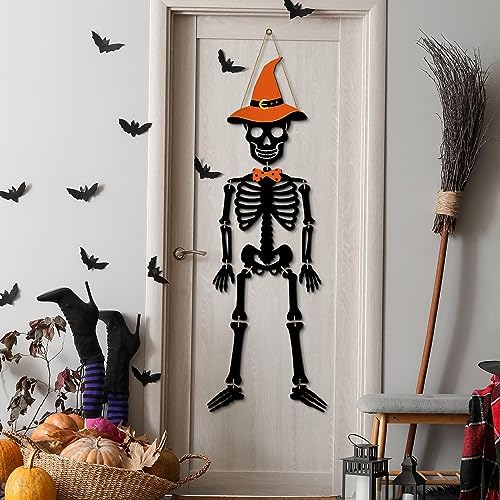 51uQnqI-p7L._AC_ Skeleton Halloween Door Hanger Skull Wooden Sign Halloween Skeleton Decorations Door Hanger Sign Rustic Halloween Front Door Hanger for Scary Halloween Front Door Wall Decorations
