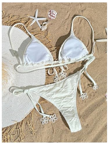 SweatyRocks Women's Two Piece Swimsuits Beaded Triangle Bikini Set Spaghetti Strap Tie Side Bathing Suits2