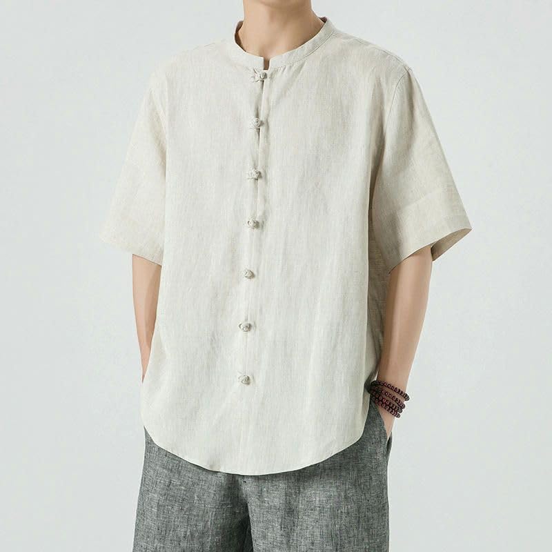 Camisa lino hombre manga corta botones de rana cuello alto traje Tang 2