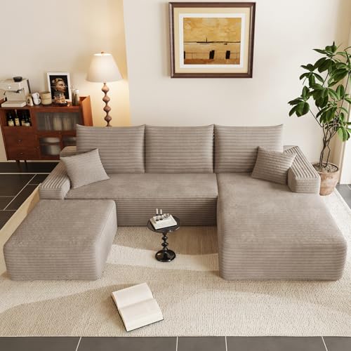Image of 95 inch U-Shape Cloud Couch, Modern Modular Sectional L-Shape Sofa with Ottoman, Corduroy Upholstered Couches Deep Seat Sleeper Chaise Longue for Living Room, No Assembly Required(Camel, Right Facing)