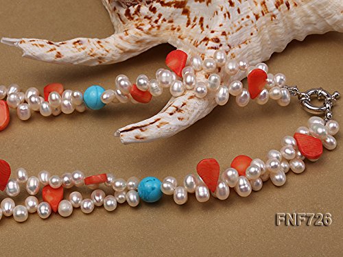 JYX Pearl Necklace Two-strand 6x7mm White Freshwater Pearl Necklace with Corals and Turquoise Beads for Women 19.5" - Image 5