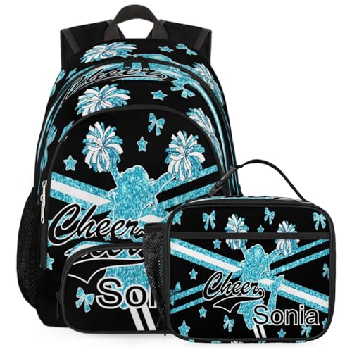 Cheerleaders Customized Name Backpack with Lunch Box, Waterproof Personalized Cheer Backpacks Lunch Bag, Teal Glitter
