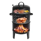 3 in 1 Räuchertonne Smoker Grill Ø 40 cm, Holzkohlegrill mit Thermometer und Deckel, 2 Ebenen, BBQ Räucherofen zum Grillen, Räuchern, Schmoren