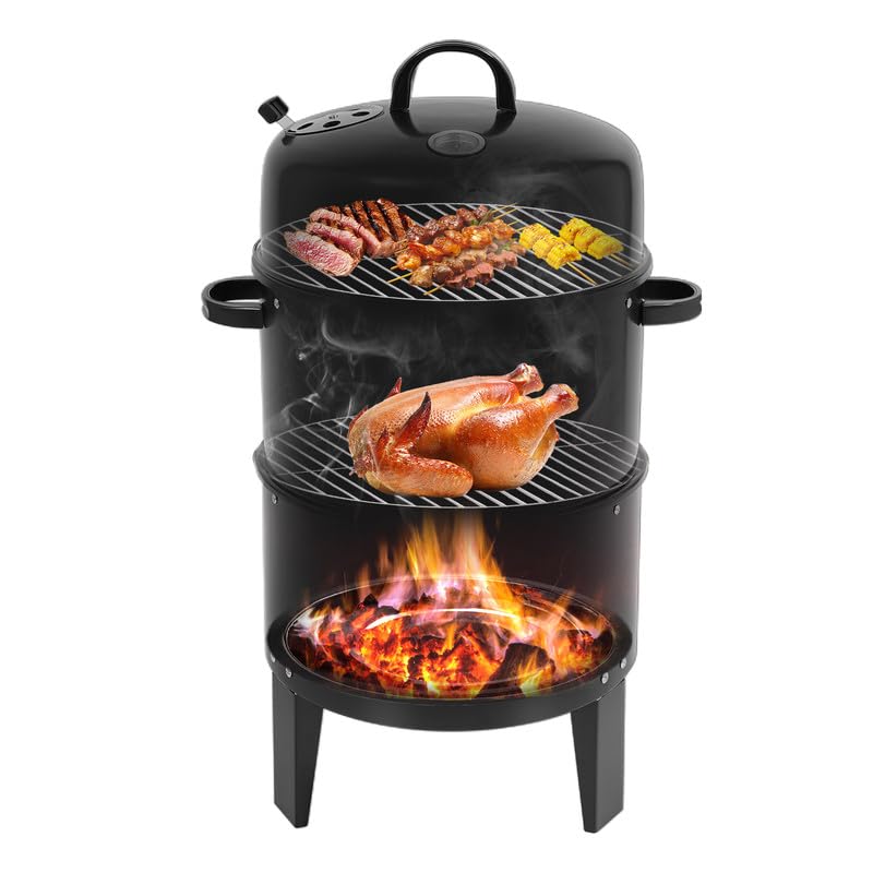 Pojemnik wędzarniczy 3 w 1, Ø 40 cm, grill na węgiel drzewny z termometrem i pokrywką, 2 poziomy, piec wędzarniczy do grillowania, wędzenia, duszenia