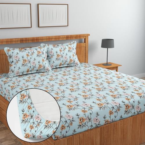 Image of Jashan Super Soft Glace Cotton Fabric 300 TC All Around Elastic Fitted Elegent Design King Size Double Bed Bedsheet with 2 Pillow Covers Fits Upto Mattress of 10 Inche,Size-72 x 78 x 10 Inche-SkyBlue