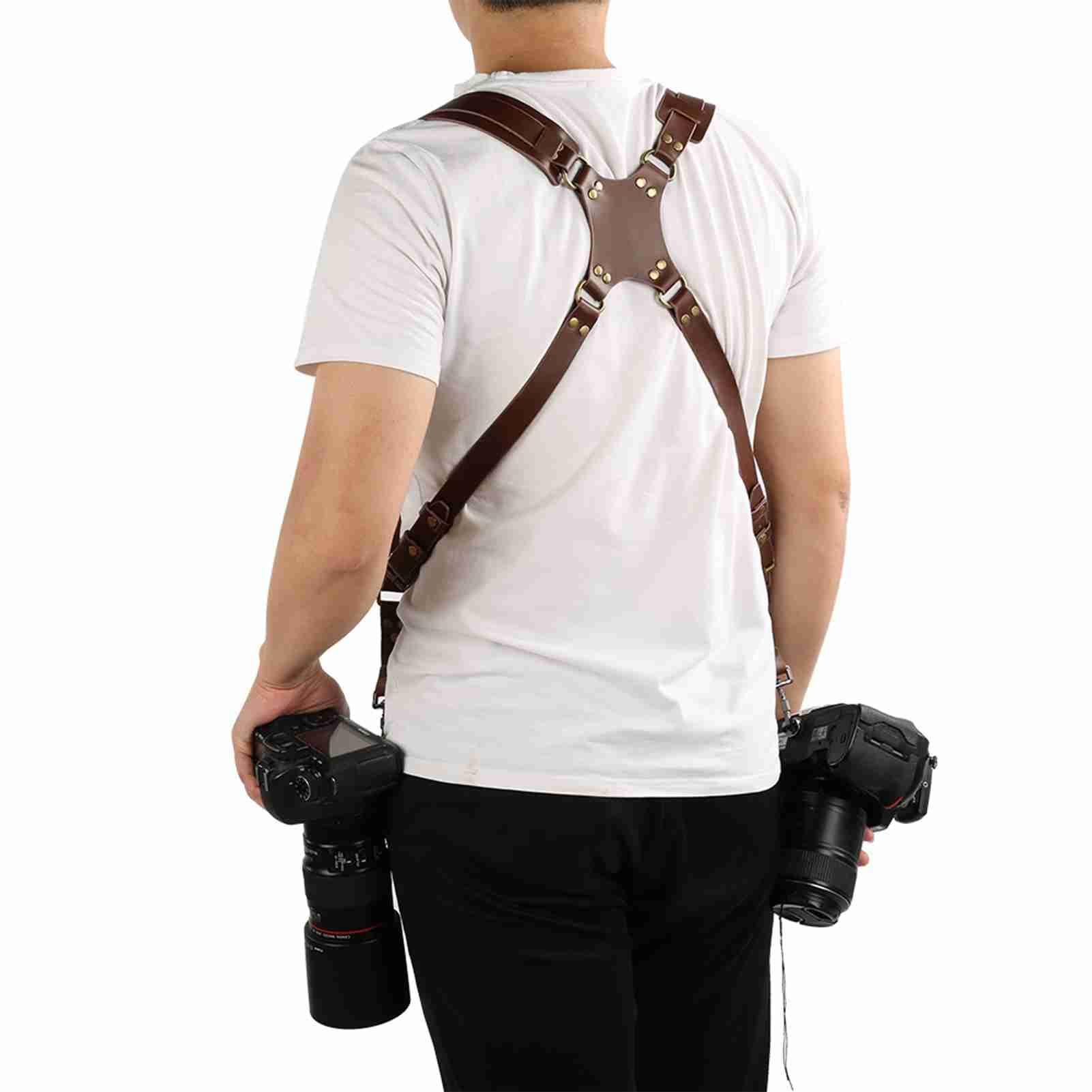 Doppia tracolla per fotocamera, regolabile, in pelle, marrone, per due fotocamere, compatibilità con vite standard da 1/4", larghezza delle spalle 33-50,8 cm, riduce l'affaticamento del collo