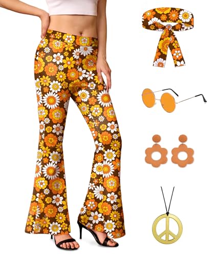 Womens Summer Hippie 60s 70s Flared High Waist Stretch Trousers Slim-Fit Party Pants Brown Floral M