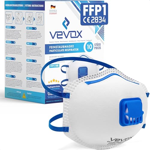 VEVOX FFP1 Maske mit Ventil 5er 10er oder 20er Set Staubmaske Atemschutzmaske Staubschutzmaske Feinstaubmaske Atemschutz z.B. gegen Feinstaub Schleifstaub oder Baustaub