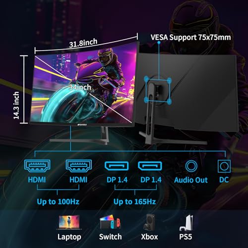undefined SANSUI 34-Inch Curved Gaming Monitor UWQHD 3440 x 1440 165Hz Curved 1500R - PIP/PBP, 1ms(MPRT), HDR, 300nits, sRGB 125%, DCI-P3 95%,FreeSync,HDMI x2,DP1.4 x2 (ES-G34C5 DP Cable Included) の商品画像 2