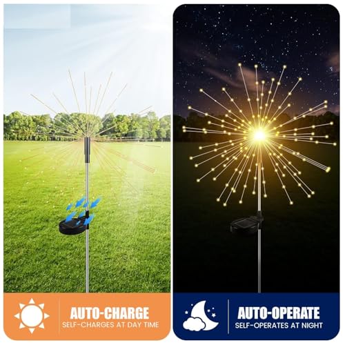 Image of GIGALUMI Outdoor 90 LEDs Solar Firework Light 2 Lightning Modes Starburst Design Water Resistant Garden StringLights for Party Decor Patio Lawn Yard (Warm Yellow, Pack of 1)