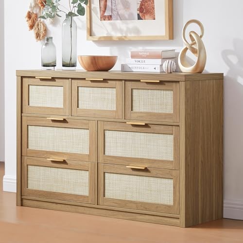 7 Drawers Dresser, Rattan Dresser TV Stand for Bedroom Closet, Wood Chests of Drawers with Metal Handle and Wide Drawers, 52.76" W x 17.71" D x 31.69" H