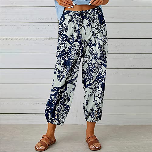 Akivide Women's Retro High Waist Drawstring Boho Floral Printed Linen Pants Casual Elastic Waist Crop Trousers for Women2
