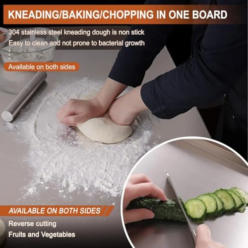 Image of Mevin 304 Food Grade Stainless Steel Chopping Board for Kitchen, Double Sided Anti-Bacterial Metal Vegetable Cutting Board, Heavy Duty, Rustproof, Eco-Friendly, BPA-Free, Large Size for Kneading Dough
