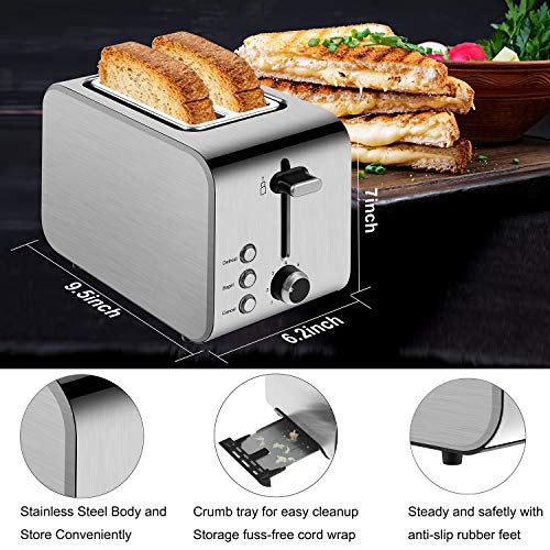 Toaster 2 Slice Best Rated Prime Stainless Steel 2 Slice Toasters 1.5in Wide Slot Toasters 7 Shade Settings Defrost/Begal/Cancel with Removable Crumb Tray for Bread, Waffles, Small Retro Evenly Quickly Toaster Silver