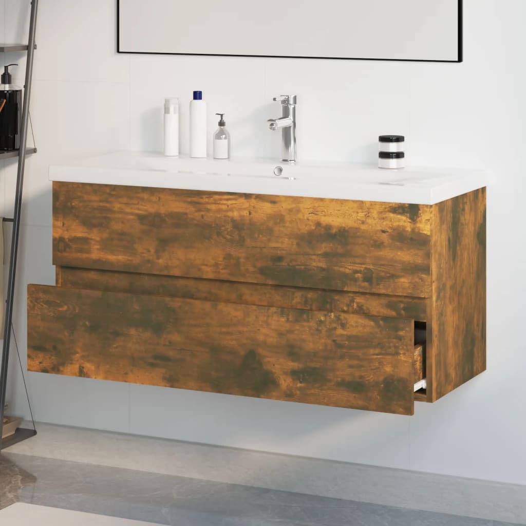 Mobile lavabo con lavabo da incasso in legno di rovere affumicato, 100 x 38,5 x 45 cm, con lavabo in ceramica e cassetto, per mobili da bagno, WC degli ospiti, montaggio a parete, spazio e