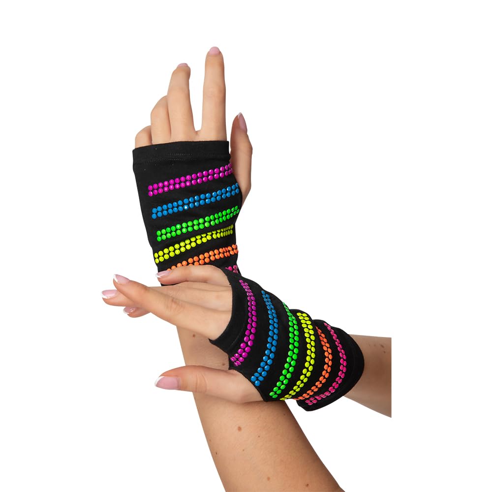 Wicked Costumes Unisex Multicolor Adult 80S Neon Fingerless Gloves Fancy Dress Accessory – Rainbow Beaded Party Gloves For Festivals & Retro Outfits