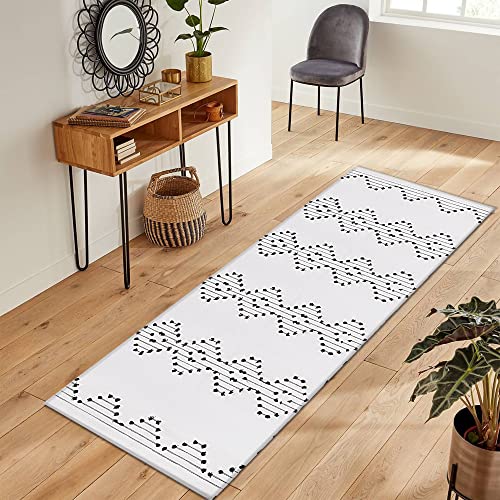 McEu Alfombra de Jacquard en Blanco y Negro, Alfombra de Algodón Lavable, Estilo Bohemio Marroquí 60 x 180 cm,para Pasillo, Dormitorio y Sala de Estar Cover