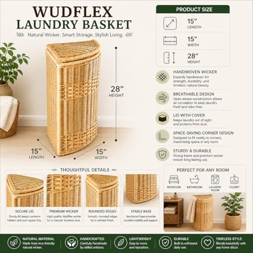 Image of wicker Corner Laundry Basket with Lid| laundry basket with lid | storage basket Laundry Hampers(15 inchL x 15 inchW x 28 inchH)(Beige)