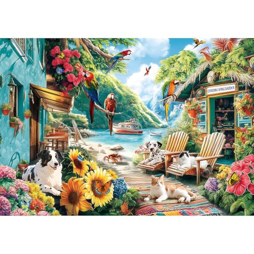 JJYHULK 2000 Piece Puzzle for Adults, Puzzles for Adults 2000 Pieces, Summer Seaside Flowers Dogs Parrots Jigsaw Puzzles, Challenging Puzzle Perfect for Game Nights, 39' X 28'