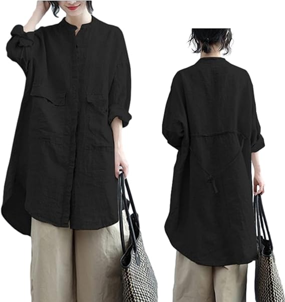 Amazon Co Jp ジーティアモ シャツワンピ ロングシャツ チュニック レディース 無地 トップス シャツ ワンピース ヘンリーネック 長袖 ボタン 前開き ロング 丈 服 ファッション小物