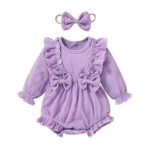 Image of Eaerobc Newborn Infant Girl Cotton Knit Long Sleeve Romper Bowknot Baby Ruffle Jumpsuit Fall