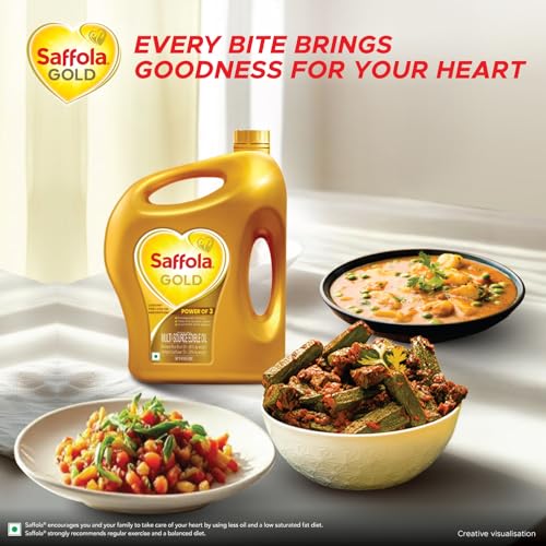 Image of Saffola Gold Refined Cooking oil | Power of 3 - Balance of Good Fats, Triple Anti-Oxidant System & Fortified with Vitamins | Multi-Source Edible Rice Bran & Sunflower Oil | 2 Litre Jar /1.82 Litre jar [weight may vary]
