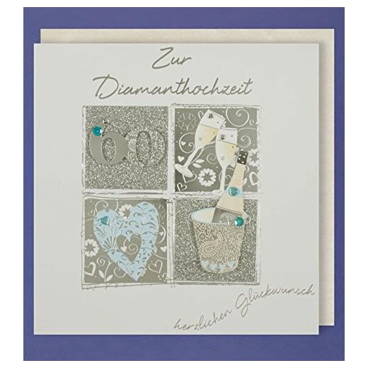 Diamanthochzeit Grußkarte 60 Handmade Applikation 60 Champagne 2 Gläser Herzen 21x21cm