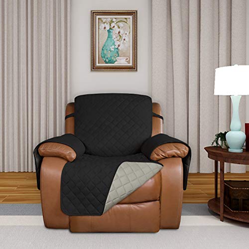 Image of PureFit Reversible Quilted Oversized Recliner Sofa Cover, Water Resistant Furniture Protector, Washable Couch Cover with Elastic Straps for Kids, Dogs, Pets (Large, Black /Beige)