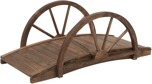 3.3ft Arched Wooden Garden Bridge with Half-Wheel Style Railings for Garden and Backyard - Solid Fir Construction, Stained Finish