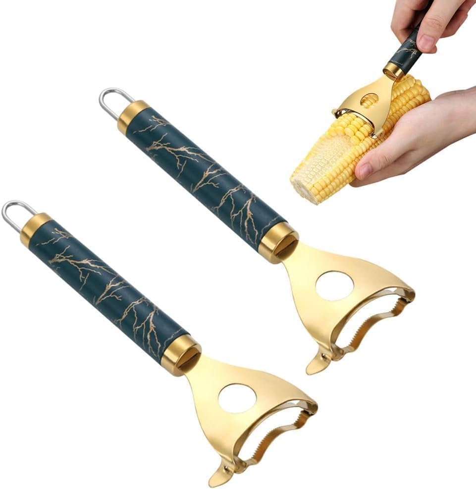 Image of Gold Corn Peeler | Stainless Steel Corn Kernel Remover |Makai Quick & Easy Handheld Corn Cutter | Durable & Sharp Cob Stripper | Kitchen Essential for Effortless Corn Peeling