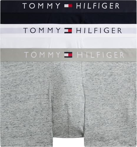Tommy Hilfiger Herren 3er Pack Boxershorts Trunks mit Logobund, Mehrfarbig (Grey Htr/White/Desert Sky), L – Ansicht 1