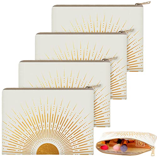 Pinkunn 4 Pcs Sunshine Boho Makeup Bag Canvas Cosmetic Bag Makeup Pouch Large Zipper for Women Boho Travel Cosmetic Purse(Sunshine)