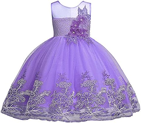 Lace Dress for Girls Size 5-6 Knee Length Holiday Celebration Party Sundress for Girls Sleeveless Flower Ball Gowns Tulle Bridesmaid Bridal Dress Ruffle Evening Party Dance Dress (Purple, 130)