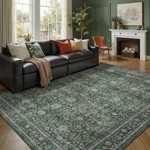 DCX Green 6x9 Rug, Kid & Pet Friendly with Rubber Back Non Slip, Machine Washable Stain Resistant Vintage Traditional Distressed Carpet, Rug for Livin