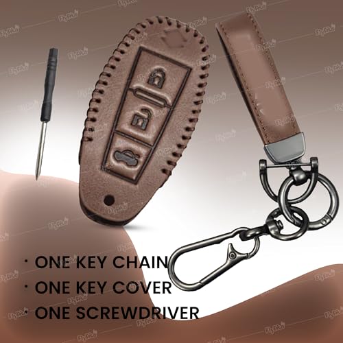 Image of Soft Handmade Leather Key Cover Compatible with Maruti Suzuki Baleno Ciaz Vitara Brezza S Cross Swift Ignis & Toyota Urban Cruiser 3 Button Smart Key Protection with Keychain (Brown)