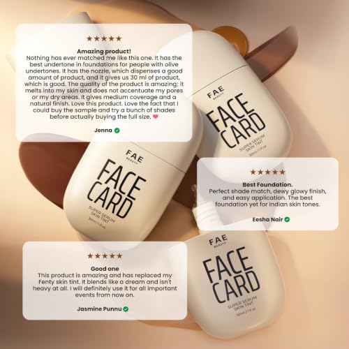 Image of FAE Beauty Face Card 4-in-1 Super Serum Skin Tint | Hydrates, Primes, Provides Coverage & Protects with SPF | Lightweight, Dewy Finish | 30 Shades for Indian Skin Tones | Shade - 41O - Warm Olive