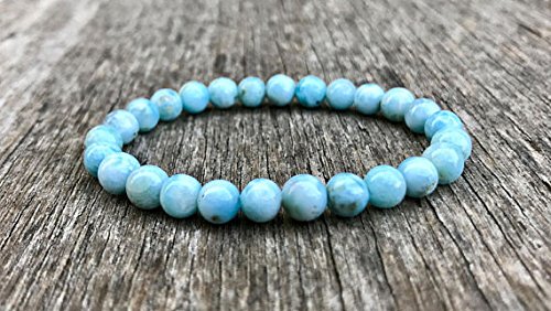 WORLD WIDE GEMS Rock Gift 6mm Stretchable Blue Natural Dominican Larimar Bracelet Round, Smooth 7" for mens, womens, gf, bf & Adult.