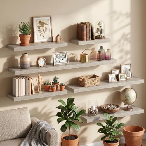 Image of Fun Memories 48Inch Floating Shelves for Wall, 8 Inch Deep Shelves for Bathroom|Bedroom|Kitchen, Large Wall Mounted Wood Hanging Shelf with Invisible Brackets for Home Storage Decor, Grey - 2 Pack