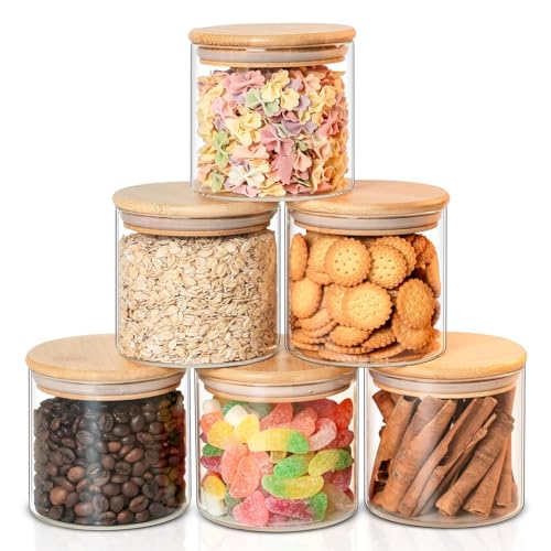 Image of 650ML Glass Food Storage Jars Containers, Set of 6 Storage Jar with Airtight Bamboo Lids Kitchen Glass Canisters For Coffee, Flour, Sugar, Candy, Cookie, Spice (Round 650 ML, Set of 6)