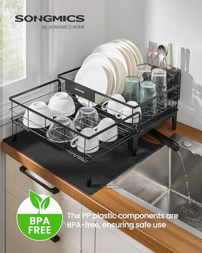 Image of SONGMICS Dish Drying Rack, Kitchen Dish Rack with Drainboard, 360 Rotatable and Extendable Spout, with Cutlery Holder, (12.2-22) x 16.5 x 7.9 Inches, Ink Black UKCS552B01