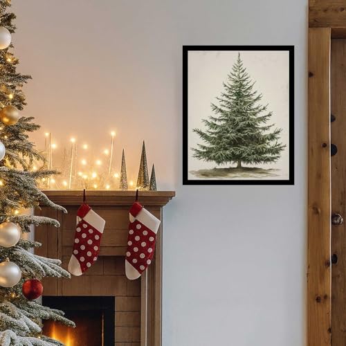 Image of Vintage Christmas Tree Print, Rustic Pine Tree Winter Wall Art, Botanical Christmas Decor for Farmhouse Holiday Home, Cottagecore Seasonal Poster for Living Room Bedroom Entryway