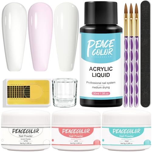 Peacecolor Polvo Acrilico para Uñas, 3 Colores Acrilico para Uñas Profesional y 30ml Liquido Acrilico y 3 Pincel Acrilico Uñas para Uñas Kit para Principiantes Diseño de Uñas Kit Uñas Acrílicas