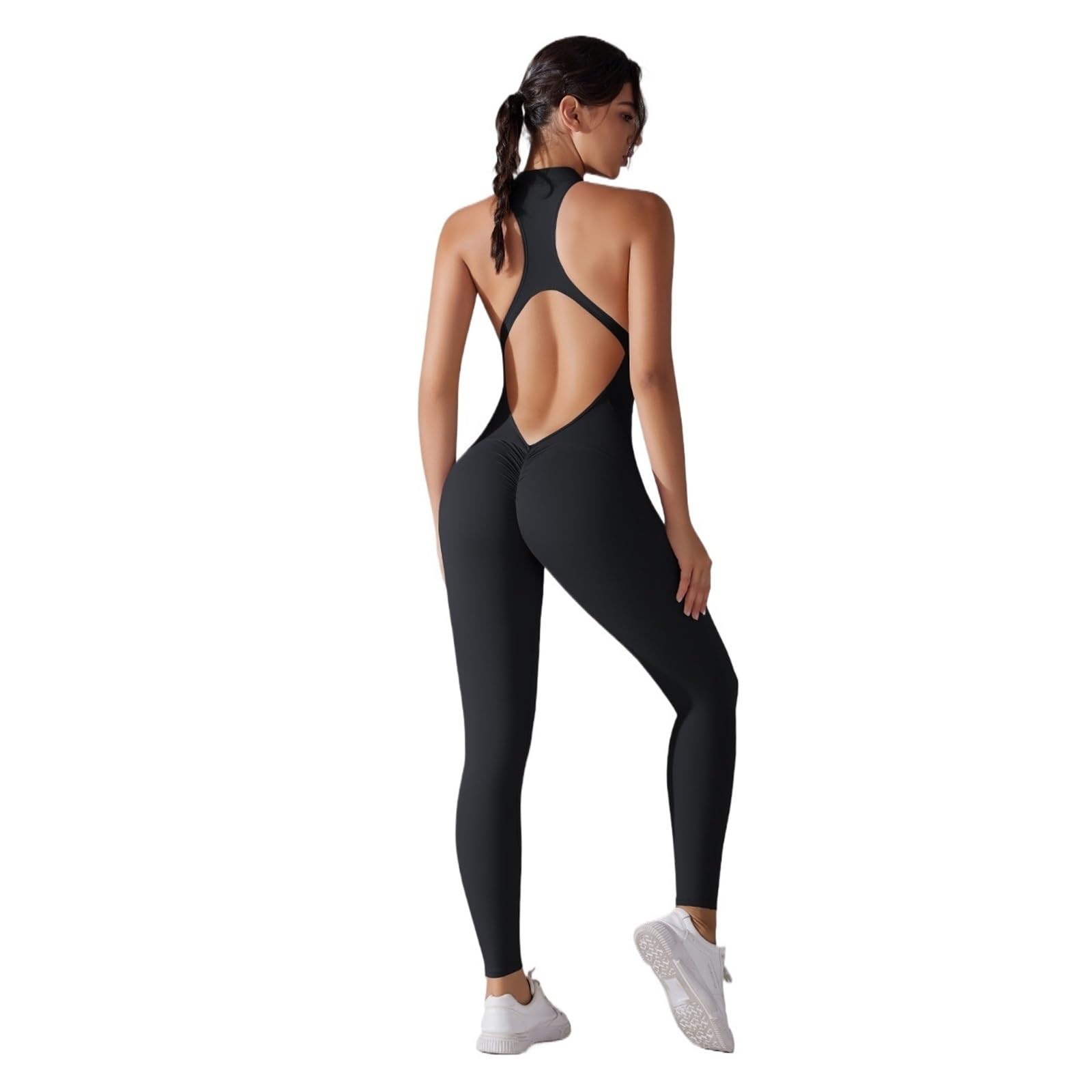 Jumpsuit Damen Lang Damen Sport-Overall, rückenfrei, Scrunch, sportliche Bodys, Reißverschlüsse, Yoga-Trainingsanzug, Fitnessstudio, Sportbekleidung, ärmellos, Workout, einteiliger Anzug(Black,S)
